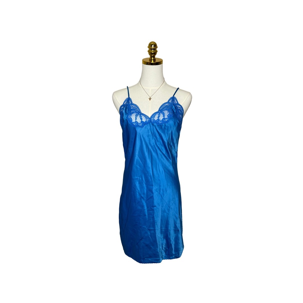 Vintage ILGWU Electric Blue‎ Satin Lace Trim Chemise Nightgown Made in USA